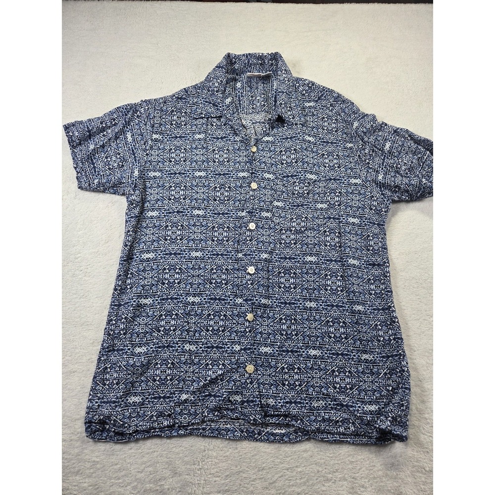 Ken Ltd Men's Medium Blue Rayon Short Sleeve Button Down Shirt Geometric...